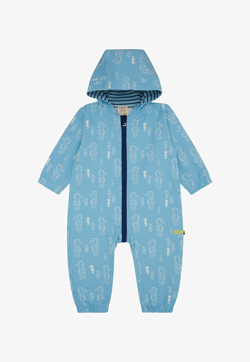 Blauwe zip-up onesie met een zeepaardjespatroon, voorzien van een gestreepte capuchon en elastische boorden. Gemaakt van zachte stof met een ritssluiting aan de voorkant.
