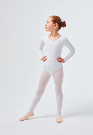 White long-sleeve leotard, fitted and smooth, paired with light pink ballet slippers and matching tights, showcasing a classic dance pose.