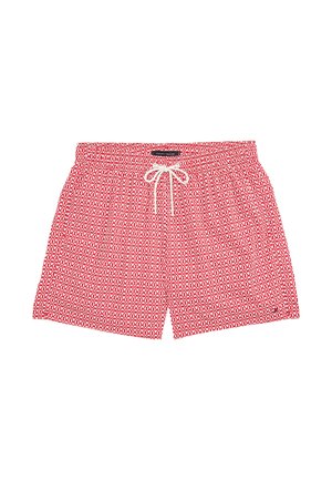 Pantaloni da bagno rossi con un motivo geometrico a diamante, vita elasticizzata con coulisse, tasche laterali e un tessuto leggero.