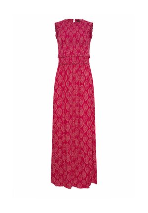 Abito maxi rosso senza maniche con motivo di foglie rosa e bianche, vita aderente e bordo arricciato sui bordi delle spalle.