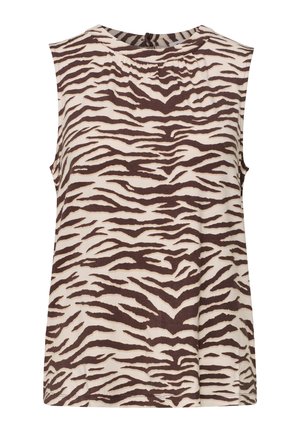 Ärmelloses beiges Top mit braunen Zebrastripes, rundem Ausschnitt und gerafftem Stoffdetail vorne.