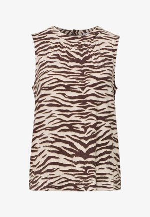 Ärmelloses beiges Top mit braunen Zebrastripes, rundem Ausschnitt und gerafftem Stoffdetail vorne.