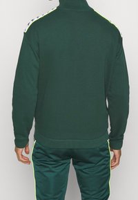 Sweatshirt zippé vert foncé avec col haut, présentant des accents jaunes contrastants et des panneaux latéraux à motifs. Texture de tissu douce et lisse.