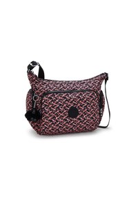 Borsa nera con un motivo floreale rosa e arancione, dotata di una tasca anteriore con zip e di una tracolla nera regolabile. Comprende un dettaglio a pom-pom.