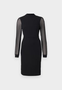 Svart bodycon-klänning med hög krage, långa genomskinliga ärmar med prickigt mönster och fitted siluett. Slät tygtextur.