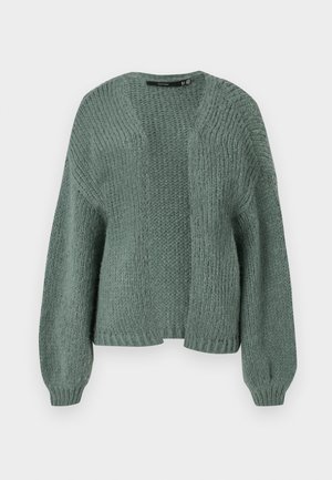 Cardigan verde in maglia con una finitura testurizzata, apertura frontale e maniche lunghe e loose. Presenta una vestibilità rilassata e polsini a coste.