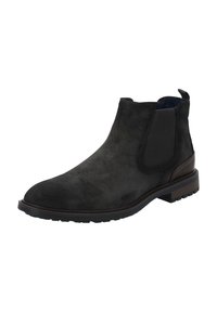 Botte Chelsea en daim noir avec des panneaux élastiques sur les côtés, bout arrondi et un petit talon empilé. Comprend un dessus texturé et une semelle en caoutchouc durable.
