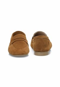 Brown suede loafers featuring a rounded toe, minimal stitching details, and a low-profile rubber sole.