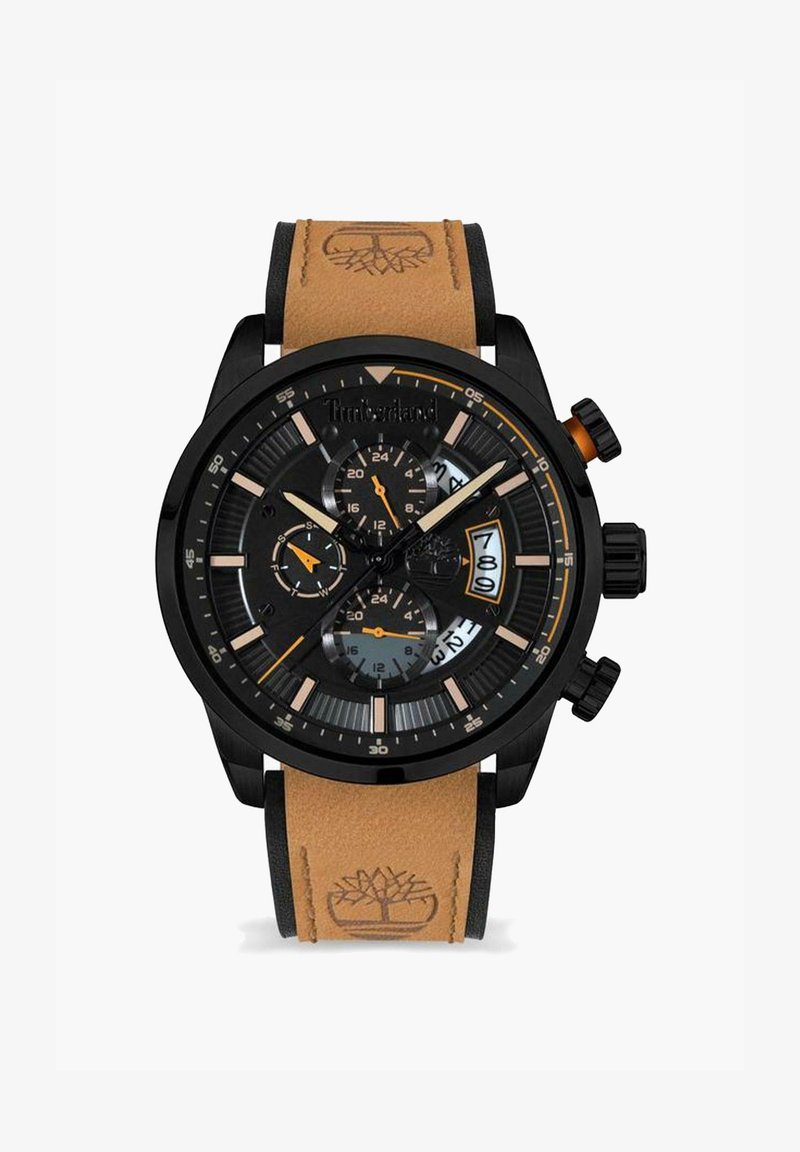 Svart kronografklocka med brun läderrem, med flera urtavlor, orange detaljer och en strukturerad svart bezel.