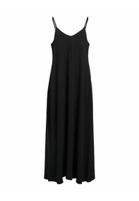 Abito maxi nero con sottili spalline regolabili, scollatura a V e design plissè sul davanti. Realizzato in un morbido tessuto leggero con una silhouette fluida.