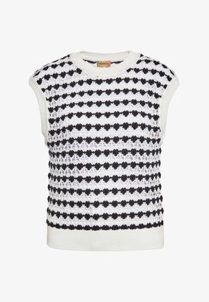 Ujjatlan kötött felső, amely fehér és fekete csíkozású mintával, texturált anyaggal, valamint bordás nyakkivágással és aljjal rendelkezik.