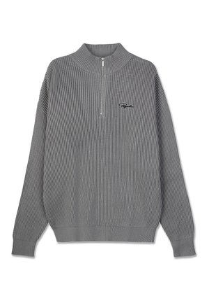 Gray ribbed knit sweater with a high collar and half zip. Features long sleeves and a small logo on the chest. Soft texture.