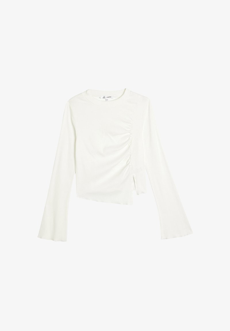 Witte langaren top met een textuurstof, cropped ontwerp, verzamelde zijdetails en uitlopende mouwen.