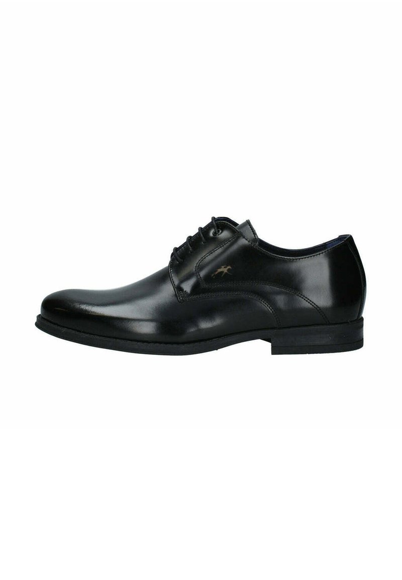 Scarpe da uomo in pelle nera con un design elegante, punta rotonda e chiusura con lacci. Presentano una texture liscia e accenti minimalisti.