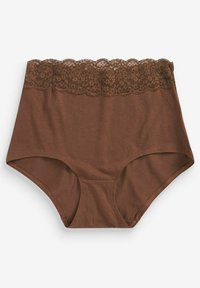 Bruine katoenen hoge tailleonderbroek met een gegolfde, donkerbruine kant tailleband en een gladde textuur. Geen patronen of zichtbare hardware.