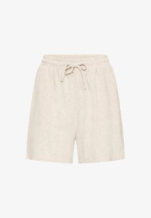 Lanene kratke hlače v svetlo bež barvi z elastičnim pasom in vrvico. Imajo ohlapen kroj in teksturirano površino.
