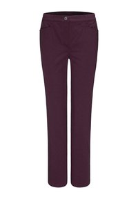 Pantalon bourgogne en tissu doux et légèrement extensible. Il présente une coupe droite, des poches avant et une fermeture à bouton à la taille.