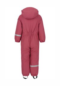 Roze geïsoleerde ééndelige sneeuwpak met een capuchon, elastische tailleband, reflecterende strips op de mouwen en versterkte laarzenriemen.