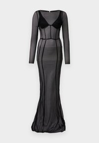 Μαύρο φόρεμα με μακριά μανίκια, φτιαγμένο από διάφανο διχτυωτό ύφασμα, με εφαρμοστό σιλούετ και καλοσχηματισμένο κορσέ, διακοσμημένο με κάθετες γραμμές και φούστα με ουρά.