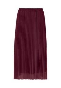 Burgundy pleated skirt with an elastic waistband, featuring vertical folds and a flowing design, made from a lightweight, textured fabric.
