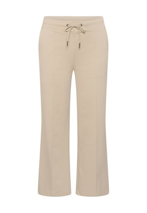 Beige wijde broek met elastische tailleband en voorste trekkoord, met verticale naaddetails voor een getailleerde uitstraling.