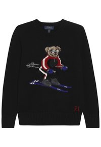 Svart tröja med en stickad grafik av en skidåkande björn i en röd och svart outfit, med blå handskar och skidor. "RL" broderat i rött.