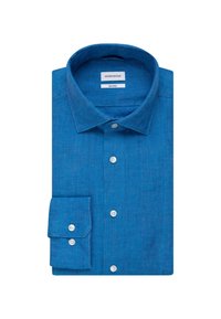 Niebieska koszula na długi rękaw z guziczkami, z ostrym kołnierzem i podwójnym mankietem na guziki, z metkami "seidensticker" i "shaped" wewnątrz kołnierza.