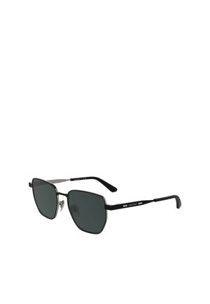 Sonnenbrille mit Metallrahmen in Schwarz, rechteckigen Gläsern und einem minimalistischen Design mit dezentem Branding an den Bügeln.
