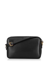 Black leather crossbody bag with a rectangular shape, featuring a single adjustable strap and gold-tone hardware accents. Smooth texture.