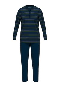 Herren Zweiteiler Schlafanzugset mit langärmeligen marineblauen Oberteil, das grüne und weiße horizontale Streifen aufweist, und passenden einfarbigen marineblauen Hosen.