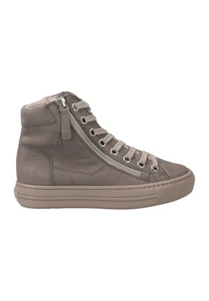 Graue Leder-Hochschnitt-Sneaker mit seitlichem Reißverschluss, Schnürung vorne und strukturiertem Gummisohle. Enthält silberne Hardware und weiche Innenausstattung.