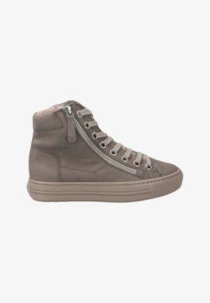Baskets montantes en cuir gris avec fermeture éclair sur le côté, lacets à l'avant et semelle en caoutchouc texturée. Comprend des éléments en argent et une doublure douce.