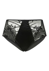 Hochgeschnittene schwarze Unterwäsche mit einer eleganten Samtfront und einem transparenten Spitzenrücken, der mit floralen Mustern und einer dekorativen Naht verziert ist.