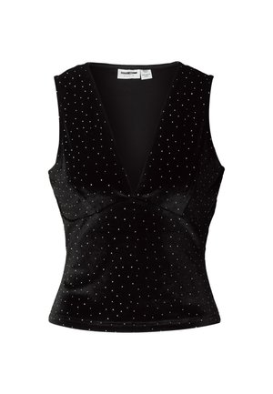 Schwarzes ärmelloses Samtoberteil mit tiefem Ausschnitt, verziert mit kleinen silbernen Nieten, mit figurbetonter Silhouette und glatter Textur.