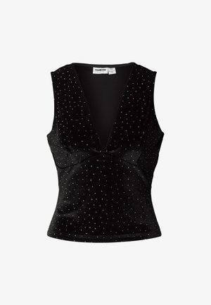 Schwarzes ärmelloses Samtoberteil mit tiefem Ausschnitt, verziert mit kleinen silbernen Nieten, mit figurbetonter Silhouette und glatter Textur.