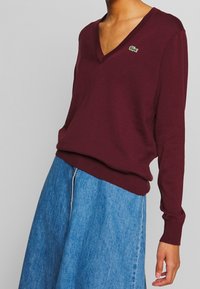 Vinröd sweatshirt med V-ringning i mjukt tyg, med långa ärmar och en liten grön broderad logotyp. Bärs med en jeanskjol.