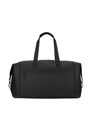 Sac polochon rectangulaire noir avec doubles poignées, poche avant zippée et clips latéraux sur fond blanc uni.