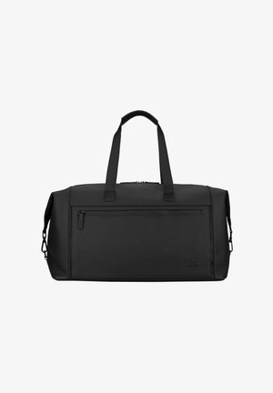 Sac polochon rectangulaire noir avec doubles poignées, poche avant zippée et clips latéraux sur fond blanc uni.