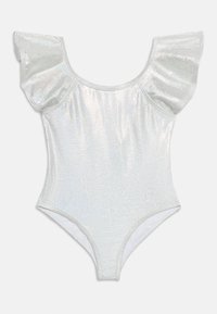 Λευκό λαμπερό κορμάκι με φαρδιές βολάν κοντά μανίκια και στρογγυλό ντεκολτέ, σχεδιασμένο για χορό ή σκηνικές εμφανίσεις.