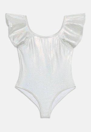 Leotard alb cu sclipici, mâneci scurte evazate și strânse, cu gât rotund, conceput pentru dans sau spectacole.