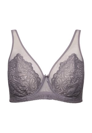 Gray lace underwire bra with a sheer mesh base, floral pattern, scalloped edges, and a center satin bow detail.