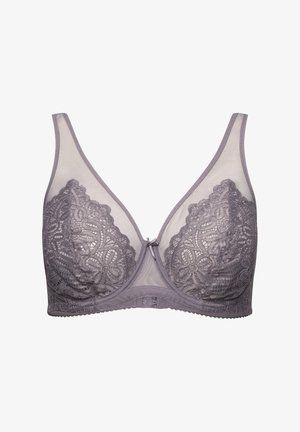 Soutien-gorge en dentelle grise avec une base en mesh transparent, motif floral, bords festonnés et un détail en satin avec un nœud au centre.