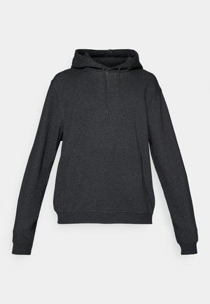 Hoodie de mangas compridas cinza escuro com bolso frontal e capuz ajustável por cordão, apresentado sobre um fundo branco simples.