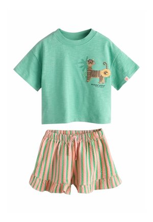 Miętowy top z krótkim rękawem z grafiką i napisem z tygrysem, zestawiony z brzoskwiniowo-zielonymi szortami w paski z falbanką na dole, elastycznym paskiem i sznurkiem.