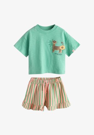 Miętowy top z krótkim rękawem z grafiką i napisem z tygrysem, zestawiony z brzoskwiniowo-zielonymi szortami w paski z falbanką na dole, elastycznym paskiem i sznurkiem.