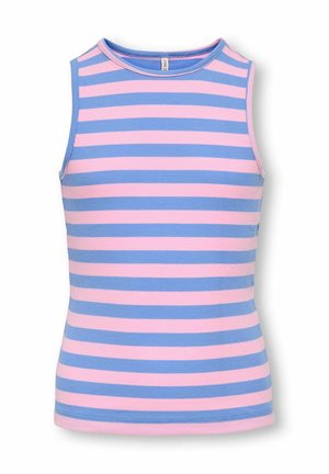 Sleeveless ribbed tank top with horizontal light blue and pastel pink stripes and a round neckline.