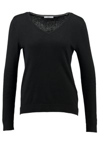 Czarny sweter z dekoltem w serek i długimi rękawami, wykonany z miękkiego materiału. Posiada prążkowany dół i mankiety dla dopasowanego wyglądu. Prosty design, bez wzorów.