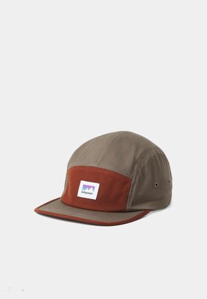 Brown and rust five-panel Patagonia cap with flat brim and logo patch on front panel against white background.