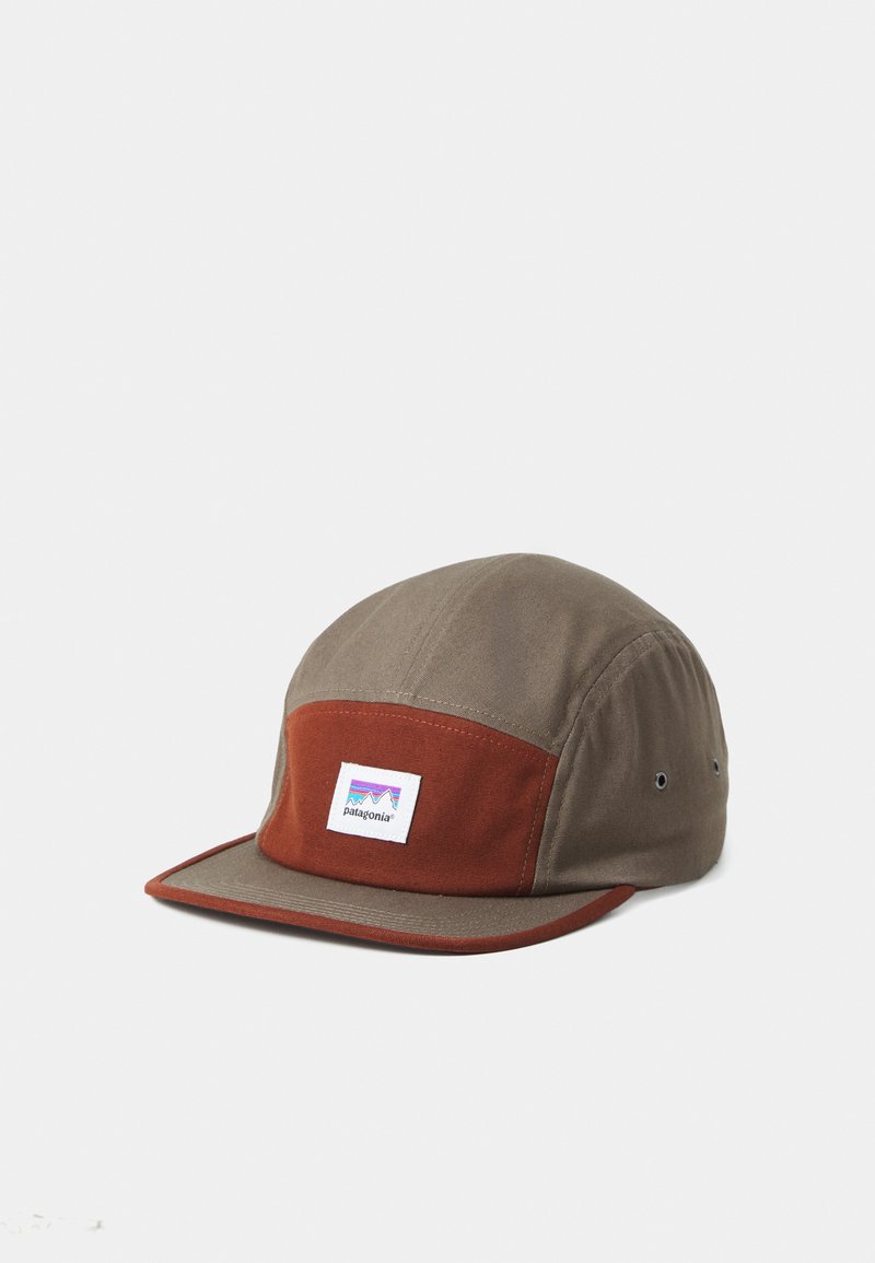 Brown and rust five-panel Patagonia cap with flat brim and logo patch on front panel against white background.