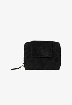 Portafoglio in suede trapuntato nero con chiusura a zip e tasca frontale con patta e logo in rilievo, progettato per una conservazione compatta.